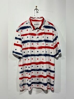 Royal & Awesome Men's Patriotic Stripe &‎ Star Polo Shirt White/Red/Blue Size XL